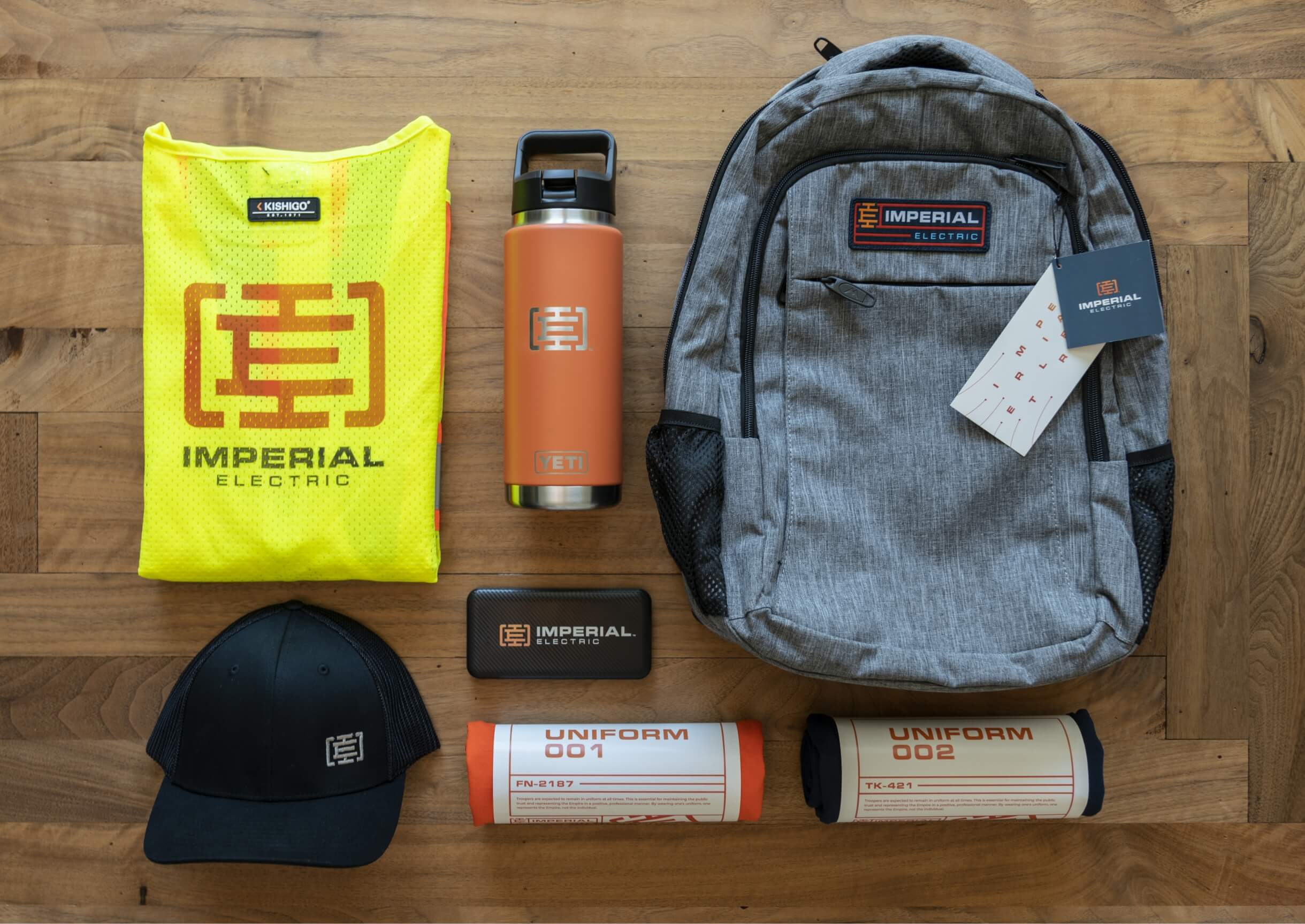 Imperial Electric branded backpack and merch